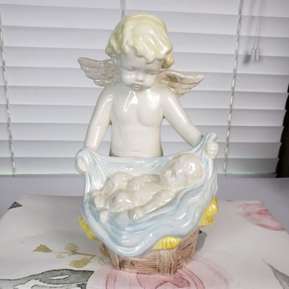 Vintage High Glaze Ceramic Blonde Hair Angel Boy with Baby Figurine 8"